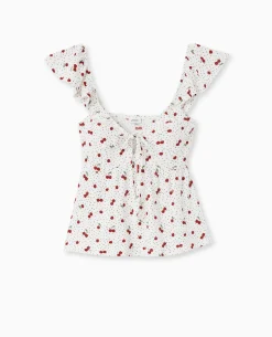 Top Avec Volants Et Nouettes Motif Cerises - Blanc