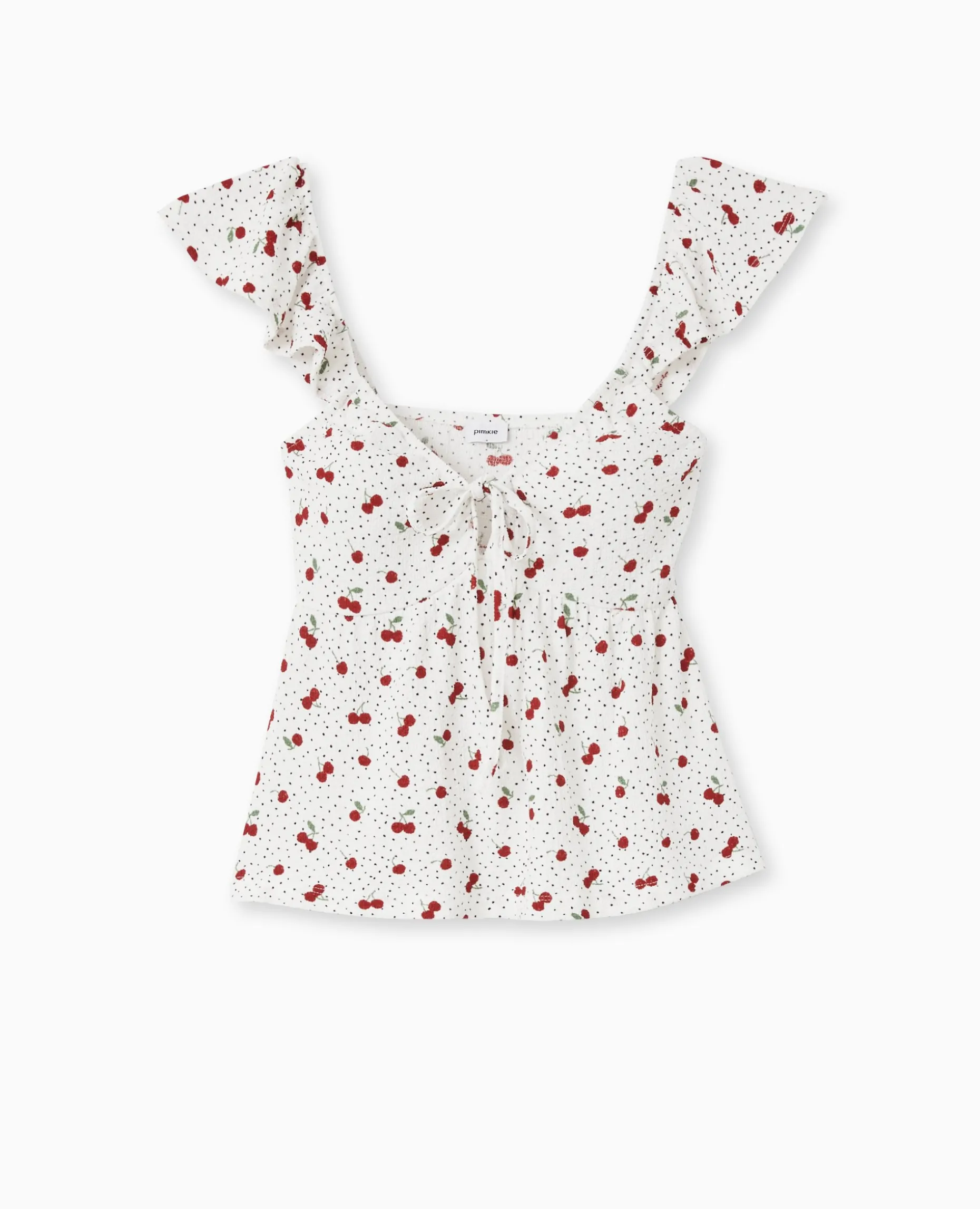 Top Avec Volants Et Nouettes Motif Cerises - Blanc