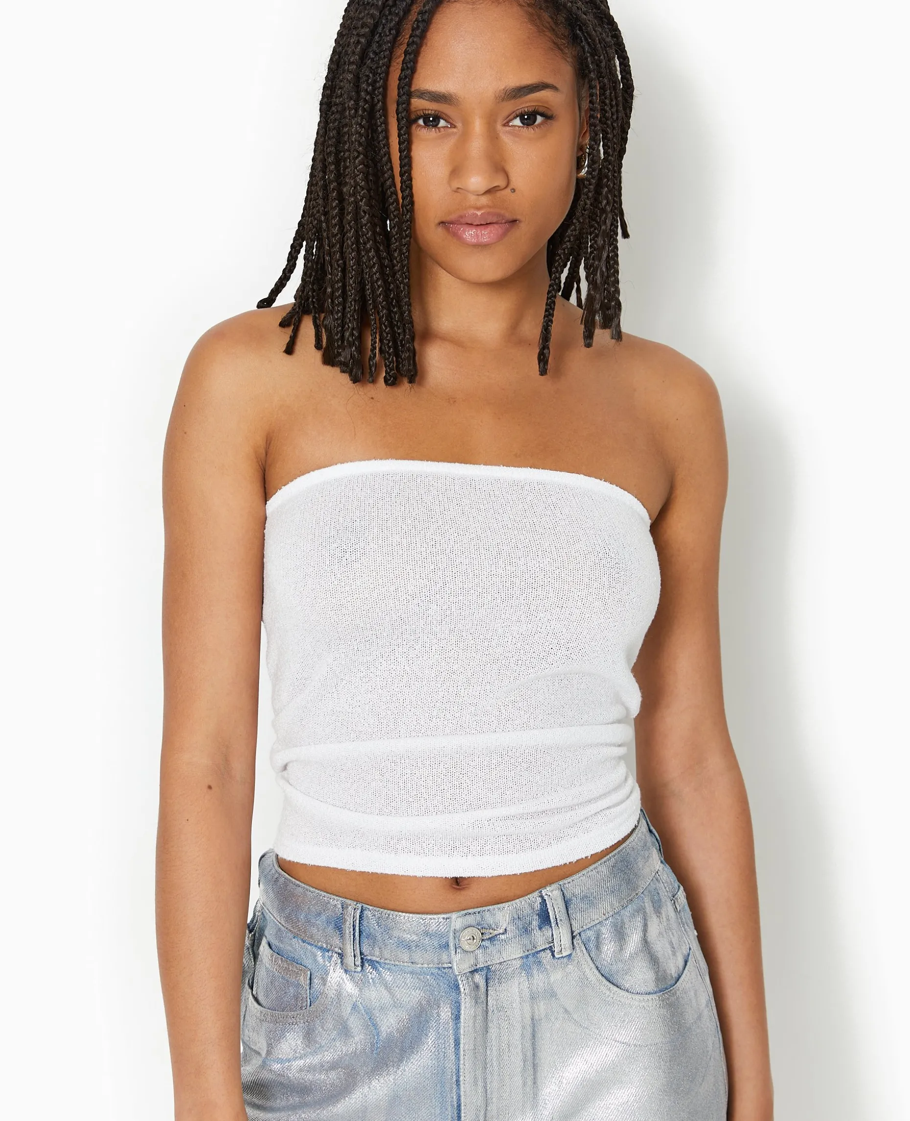 Top Bustier Bandeau En Maille - Blanc