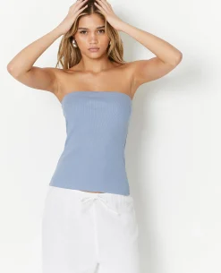 Top Bustier En Maille Côtelée - Bleu