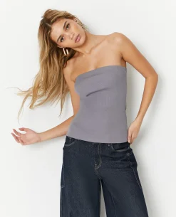 Top Bustier En Maille Côtelée - Gris