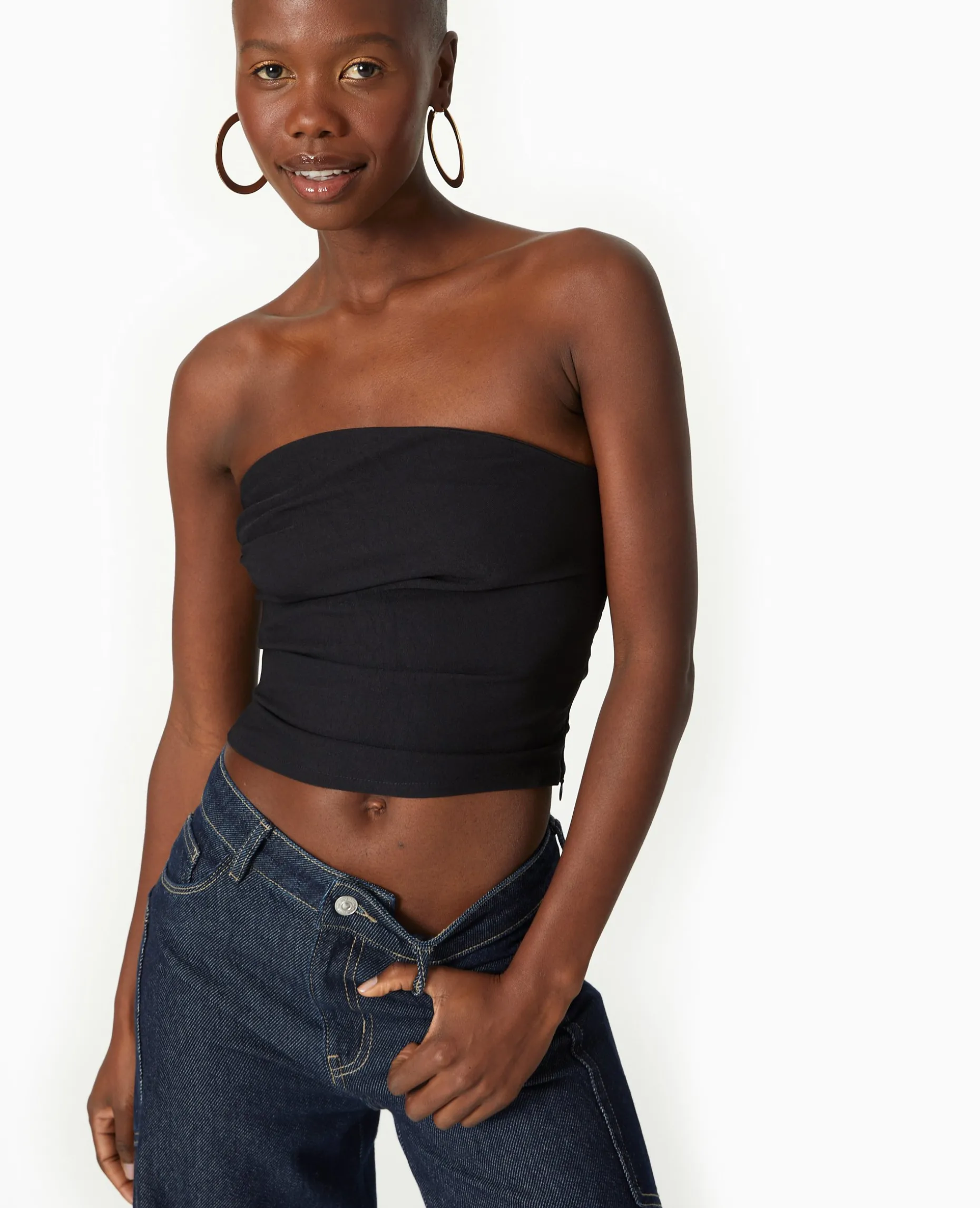 Top Bustier En Tissu Stretch Avec Drapé - Noir