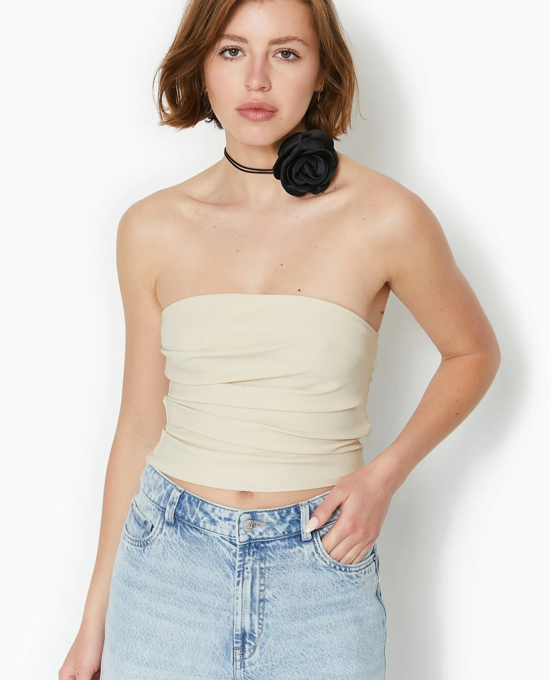 Top Bustier En Tissu Stretch Avec Drapé - Beige