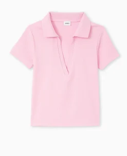 Top Col Polo En Maille Côtelée - Rose