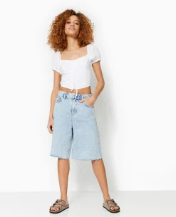 Top Court Avec Laçage Et Smocks - Blanc