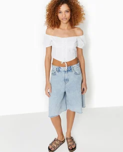 Top Court Avec Laçage Et Smocks - Blanc