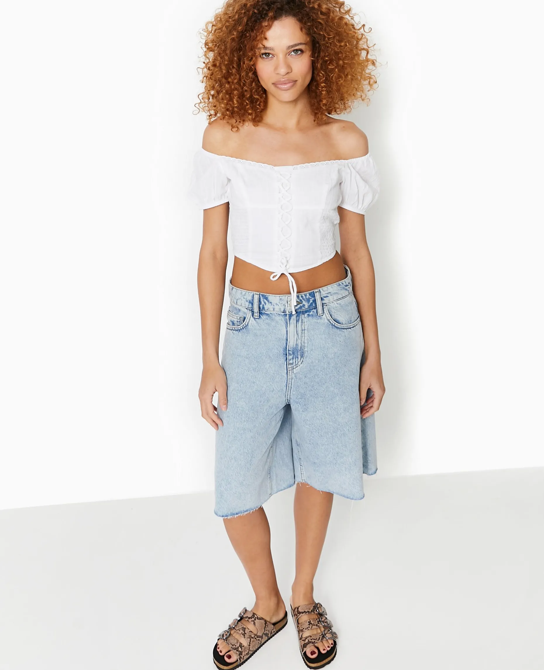 Top Court Avec Laçage Et Smocks - Blanc