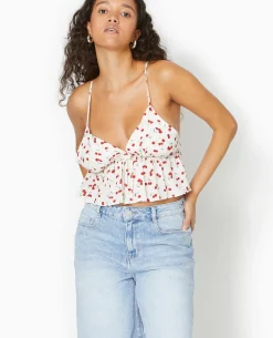 Top Court Dos Dégagé Motif Cerises - Blanc
