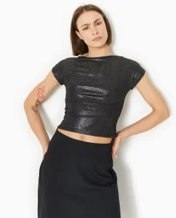 Top Court En Maille Brillante Avec Dos Ouvert - Noir