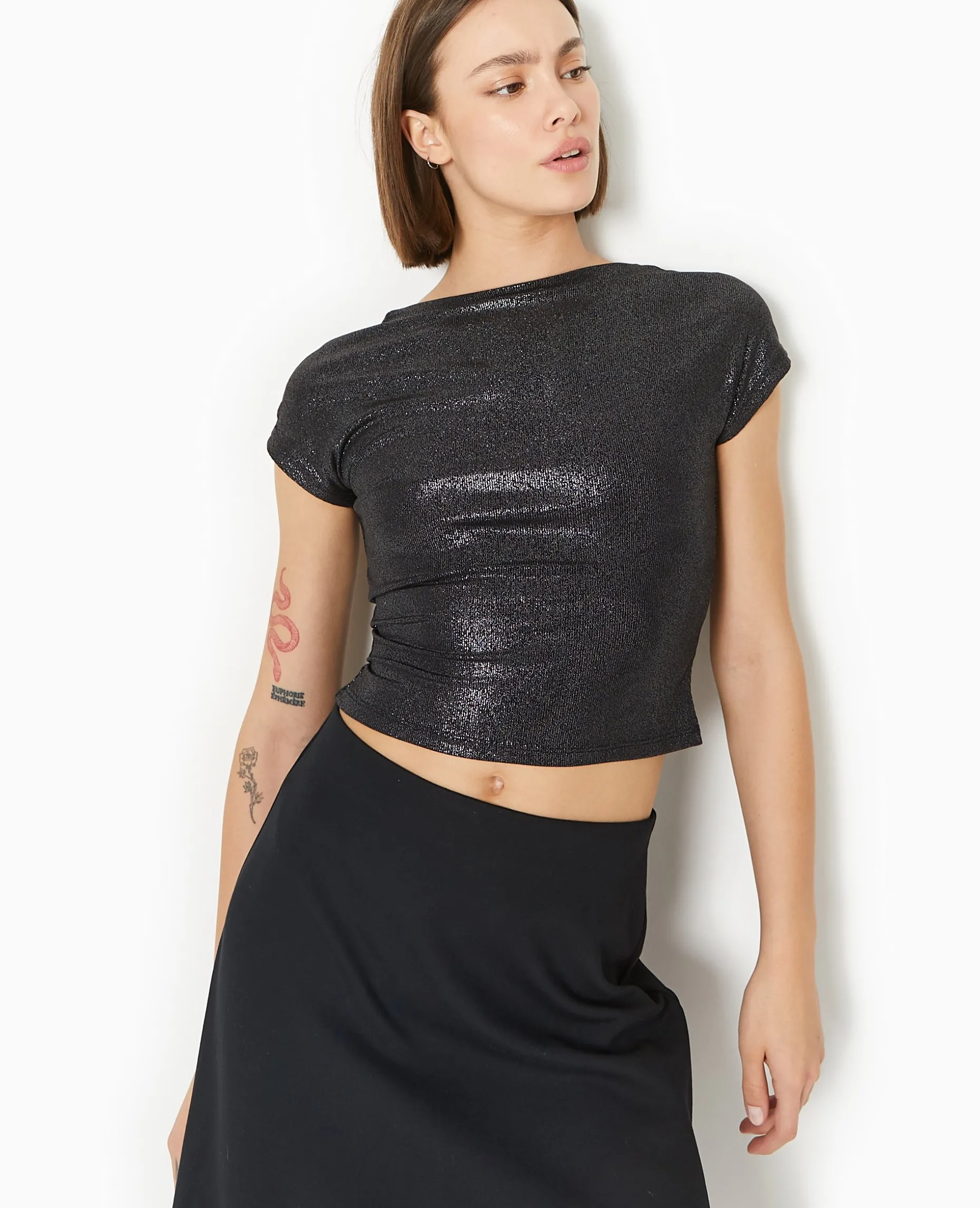 Top Court En Maille Brillante Avec Dos Ouvert - Noir