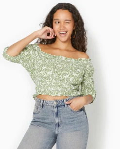 Top Court Encolure Bardot Motif Fleurs - Vert