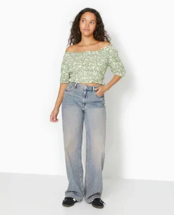 Top Court Encolure Bardot Motif Fleurs - Vert
