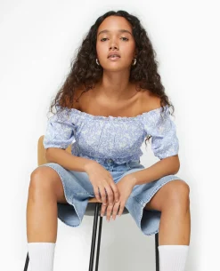 Top Court Encolure Bardot Motif Fleurs - Bleu