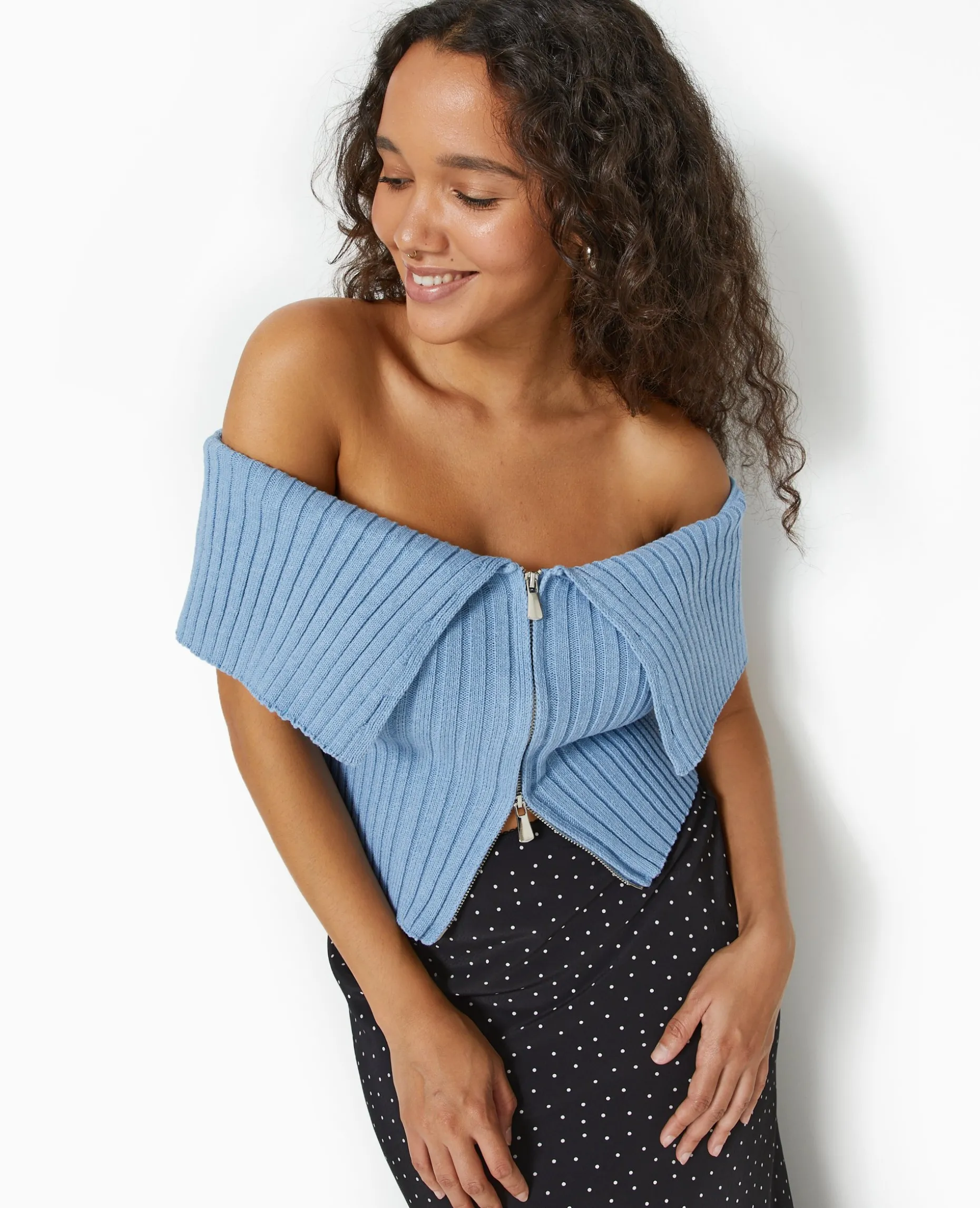 Top Court Zippé Avec Encolure Bardot - Bleu