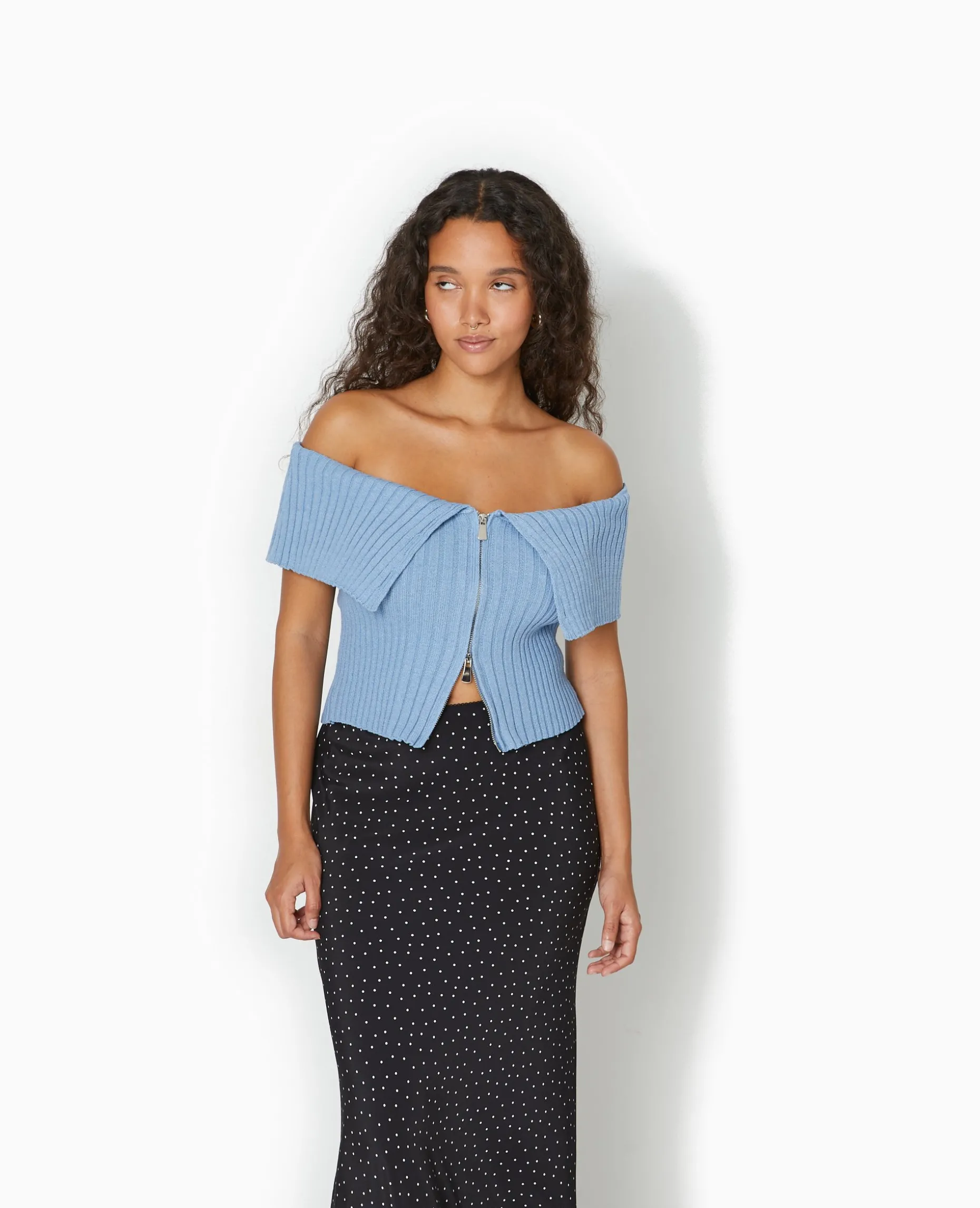 Top Court Zippé Avec Encolure Bardot - Bleu