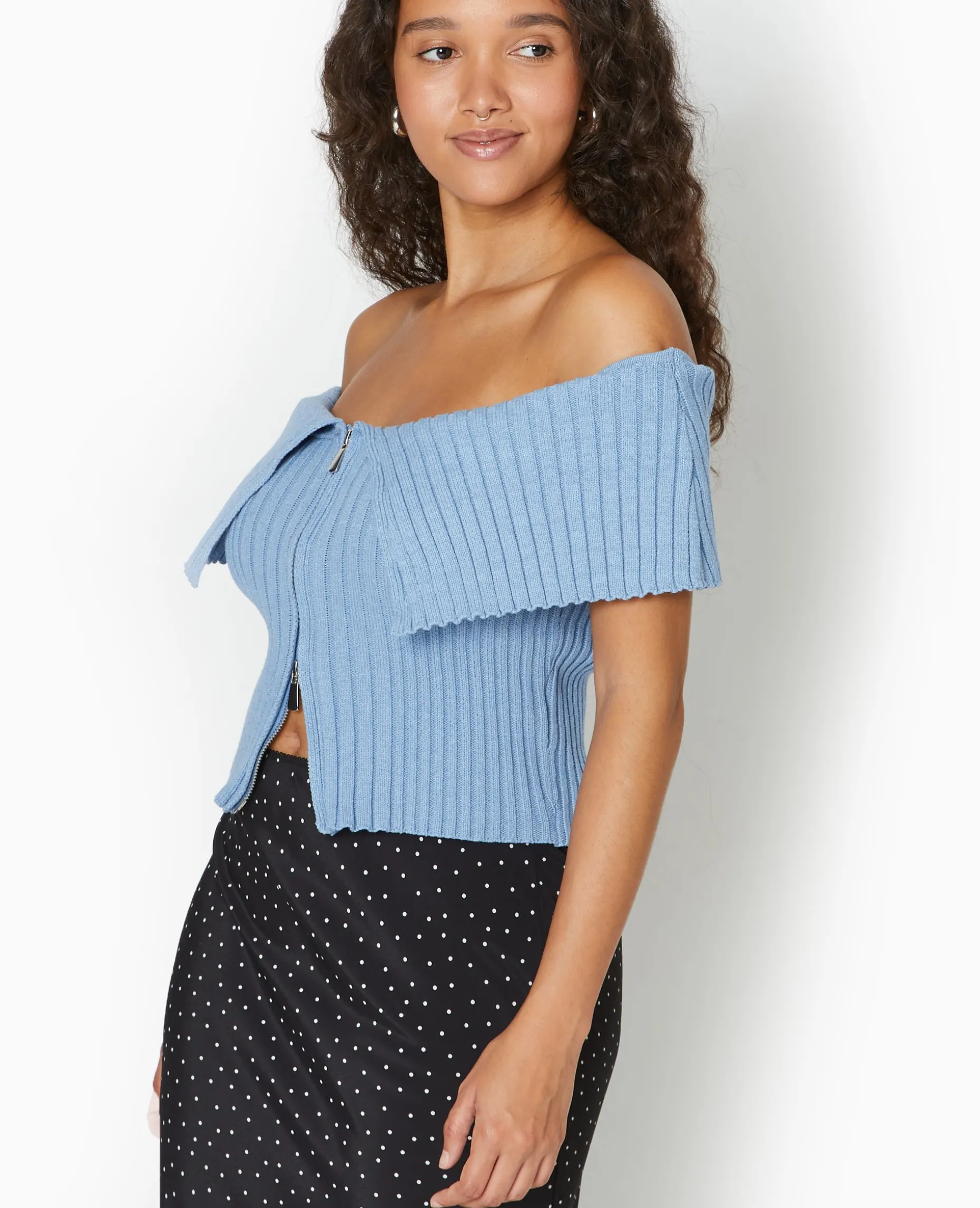 Top Court Zippé Avec Encolure Bardot - Bleu