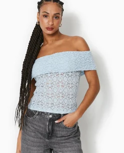 Top En Dentelle Encolure Bardot - Bleu Clair