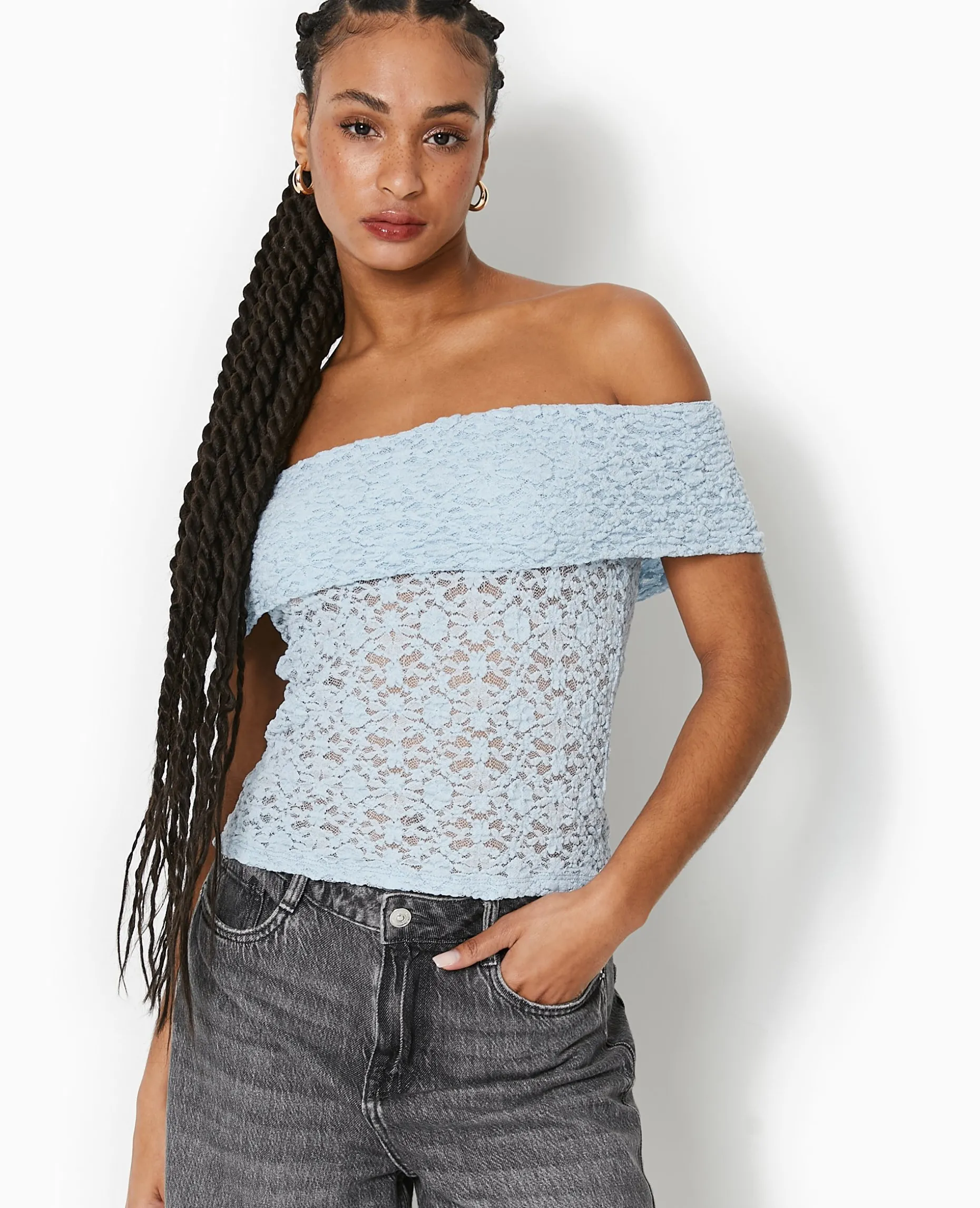 Top En Dentelle Encolure Bardot - Bleu Clair