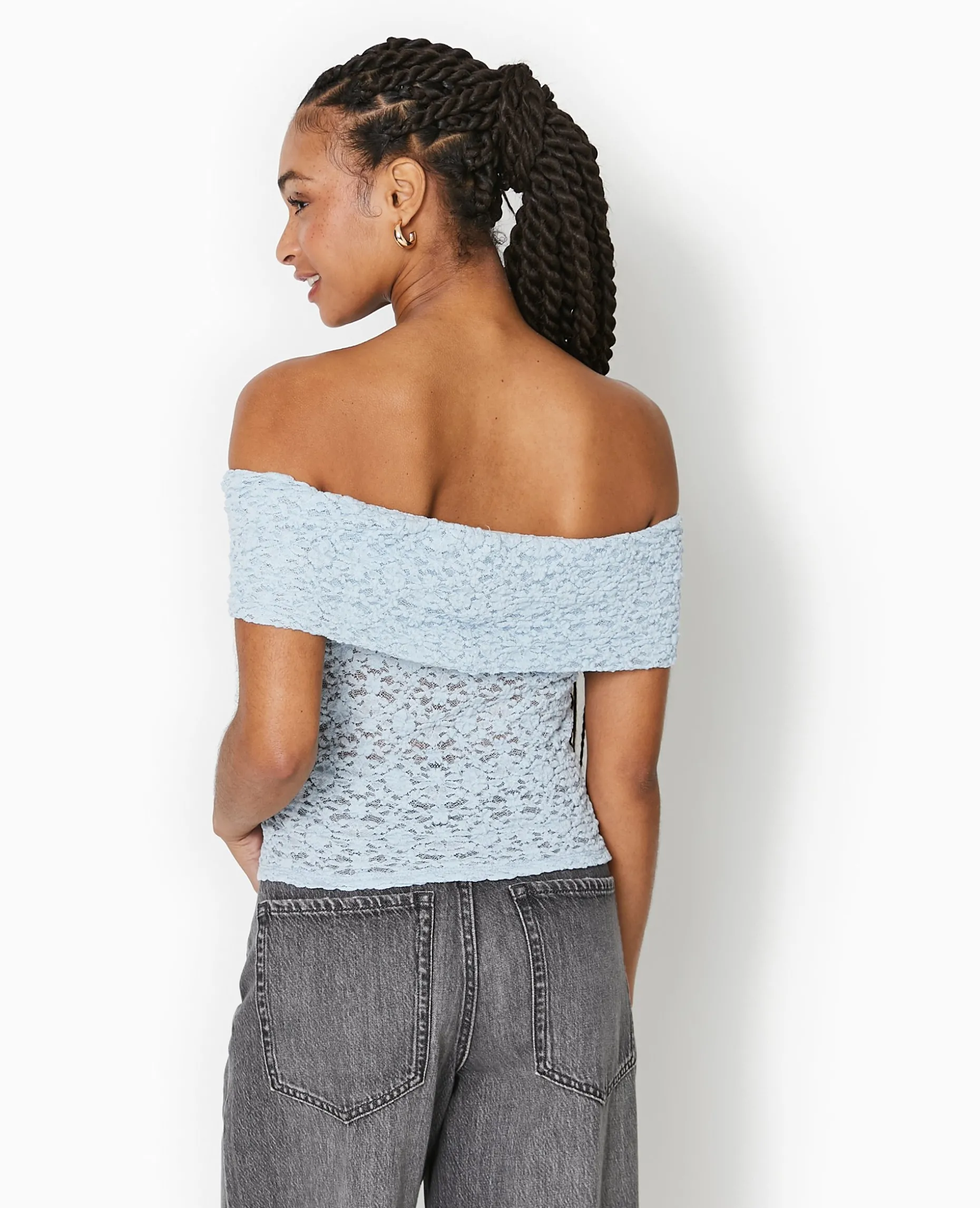 Top En Dentelle Encolure Bardot - Bleu Clair