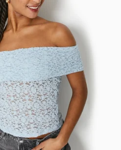Top En Dentelle Encolure Bardot - Bleu Clair