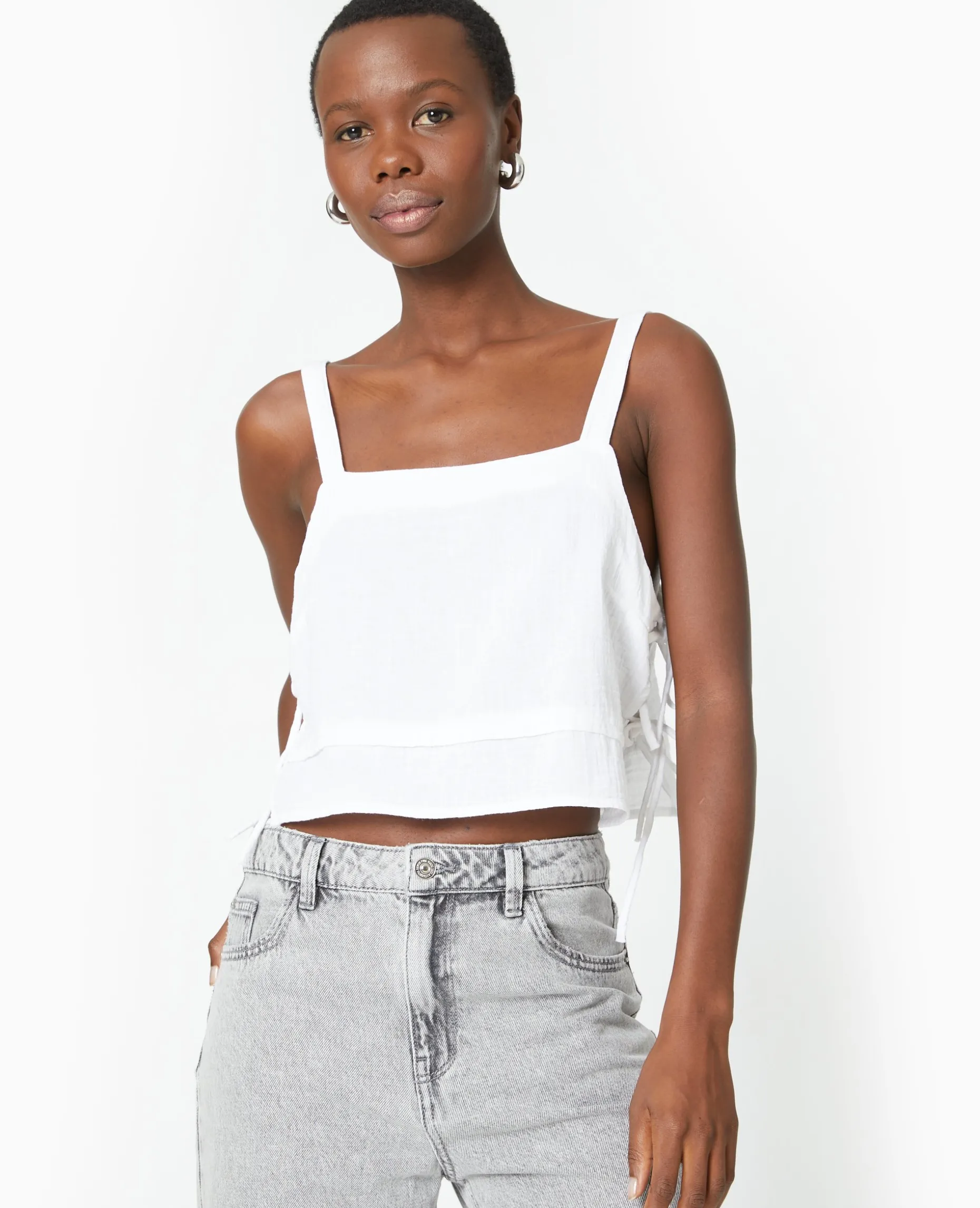 Top En Gaze De Coton Avec Nœuds Sur Les Côtés - Blanc