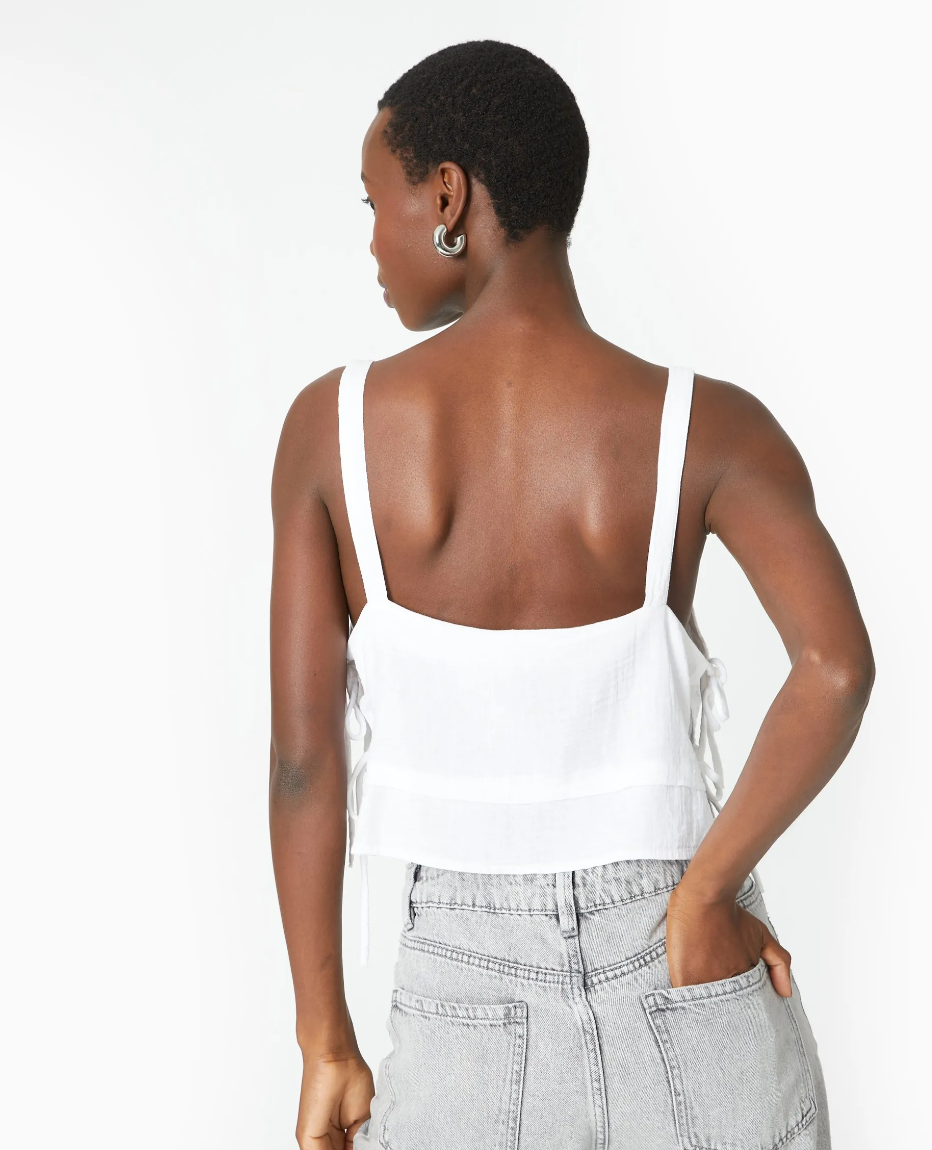 Top En Gaze De Coton Avec Nœuds Sur Les Côtés - Blanc