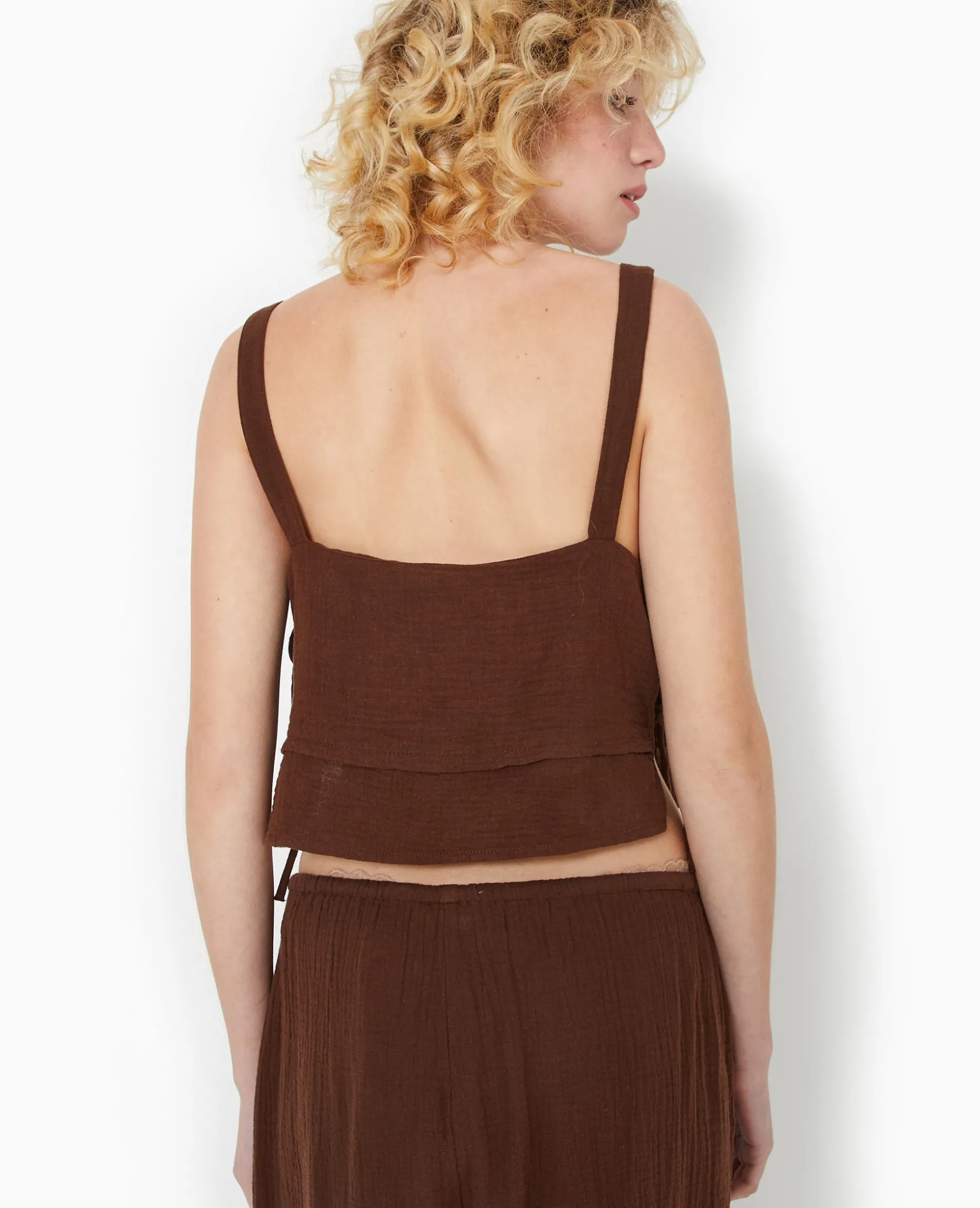 Top En Gaze De Coton Avec Nœuds Sur Les Côtés - Marron