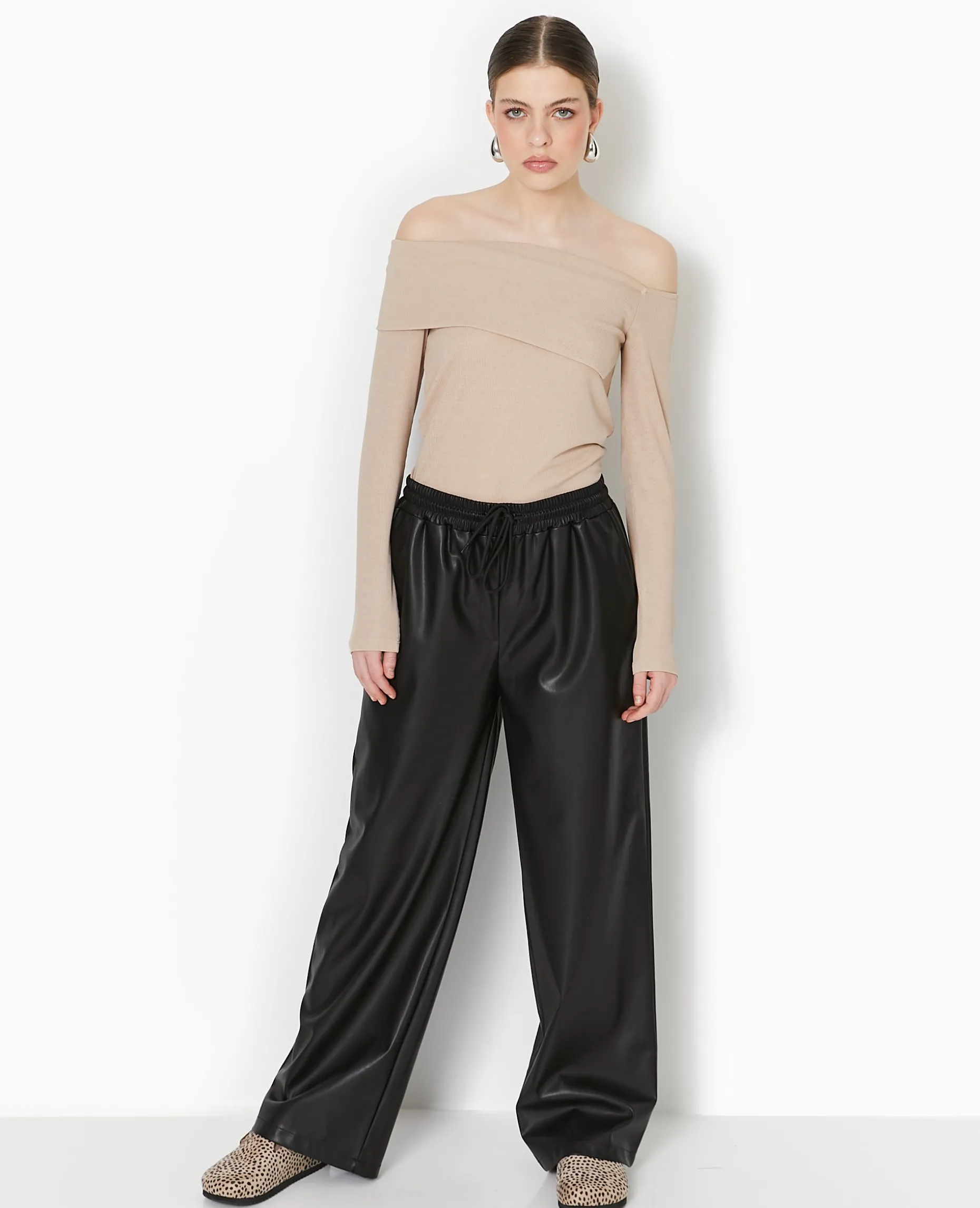 Top En Maille Côtelée Encolure Bardot - Beige