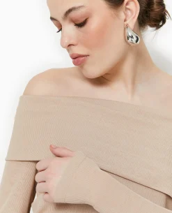 Top En Maille Côtelée Encolure Bardot - Beige