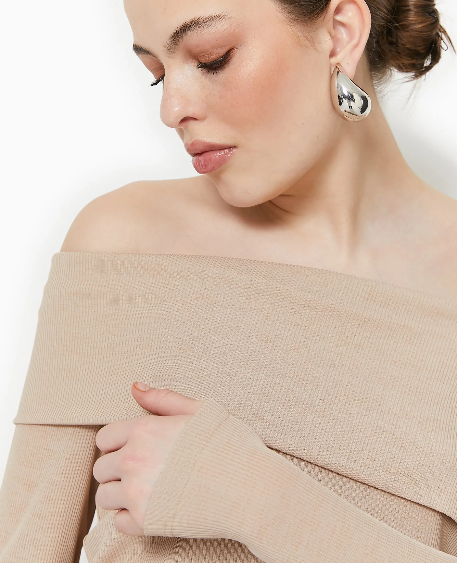 Top En Maille Côtelée Encolure Bardot - Beige