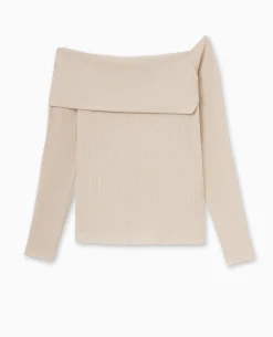 Top En Maille Côtelée Encolure Bardot - Beige