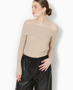 Top En Maille Côtelée Encolure Bardot - Beige