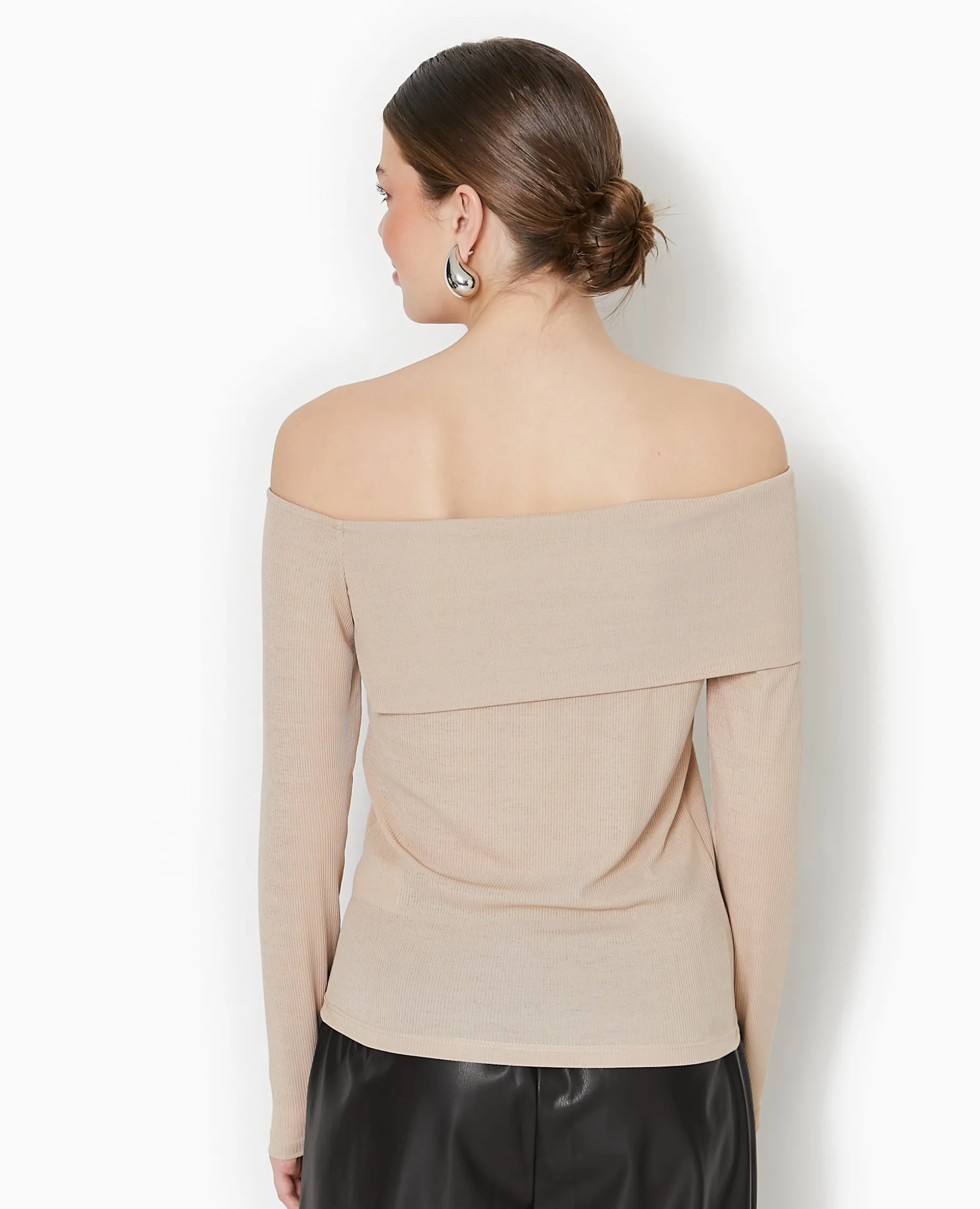Top En Maille Côtelée Encolure Bardot - Beige
