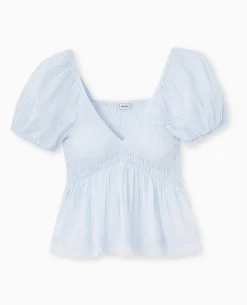 Top En Tissu Léger Avec Dentelle Et Smocks - Bleu