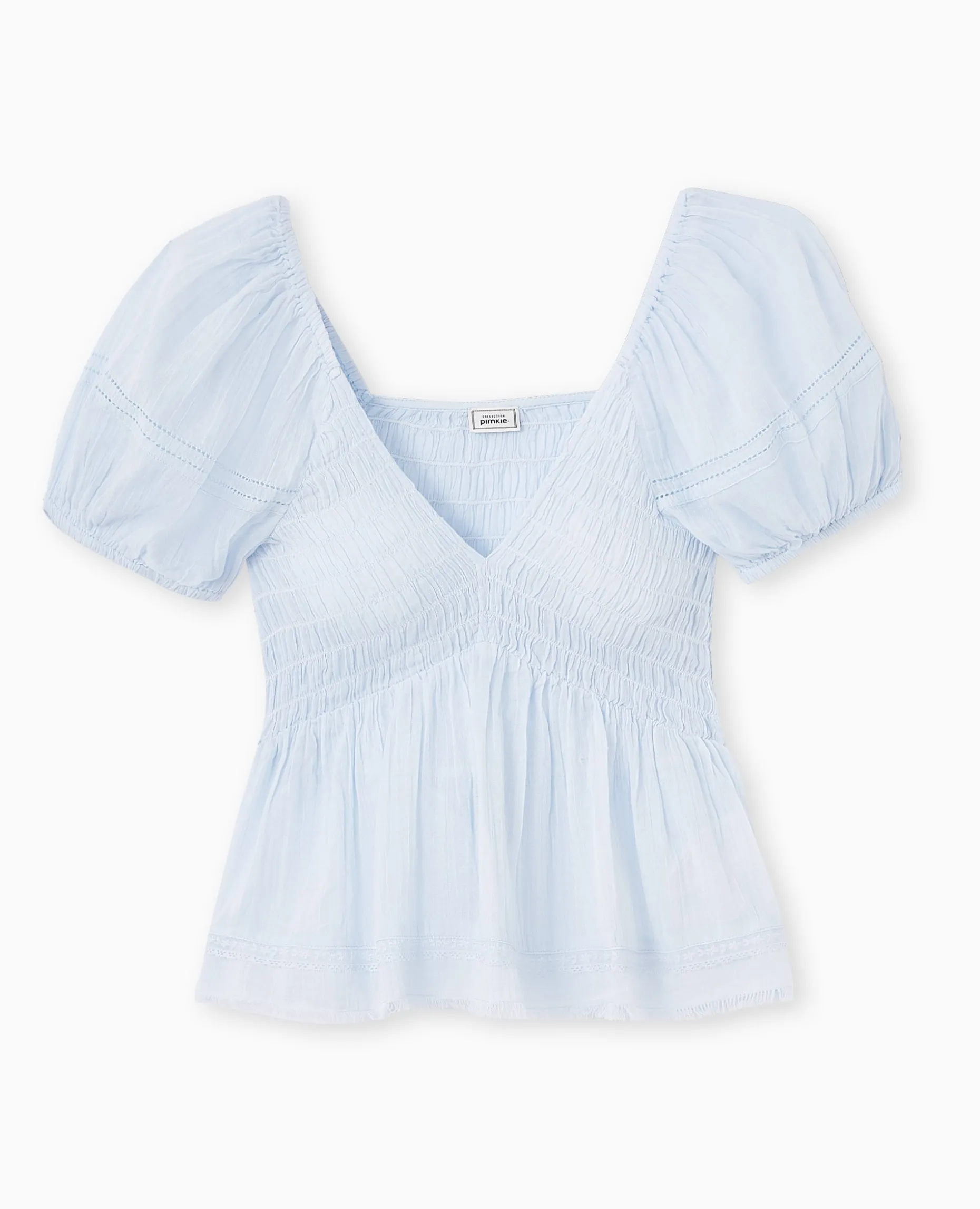Top En Tissu Léger Avec Dentelle Et Smocks - Bleu