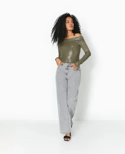 Top Encolure Bardot Avec Paillettes - Vert Kaki