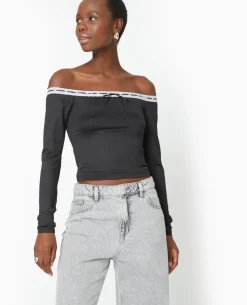 Top Encolure Bardot Avec Noeud Contrasté - Noir