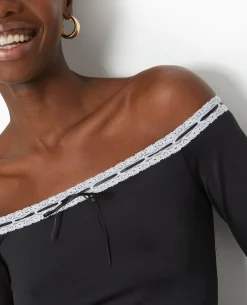 Top Encolure Bardot Avec Noeud Contrasté - Noir