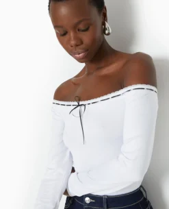 Top Encolure Bardot Avec Noeud Contrasté - Blanc
