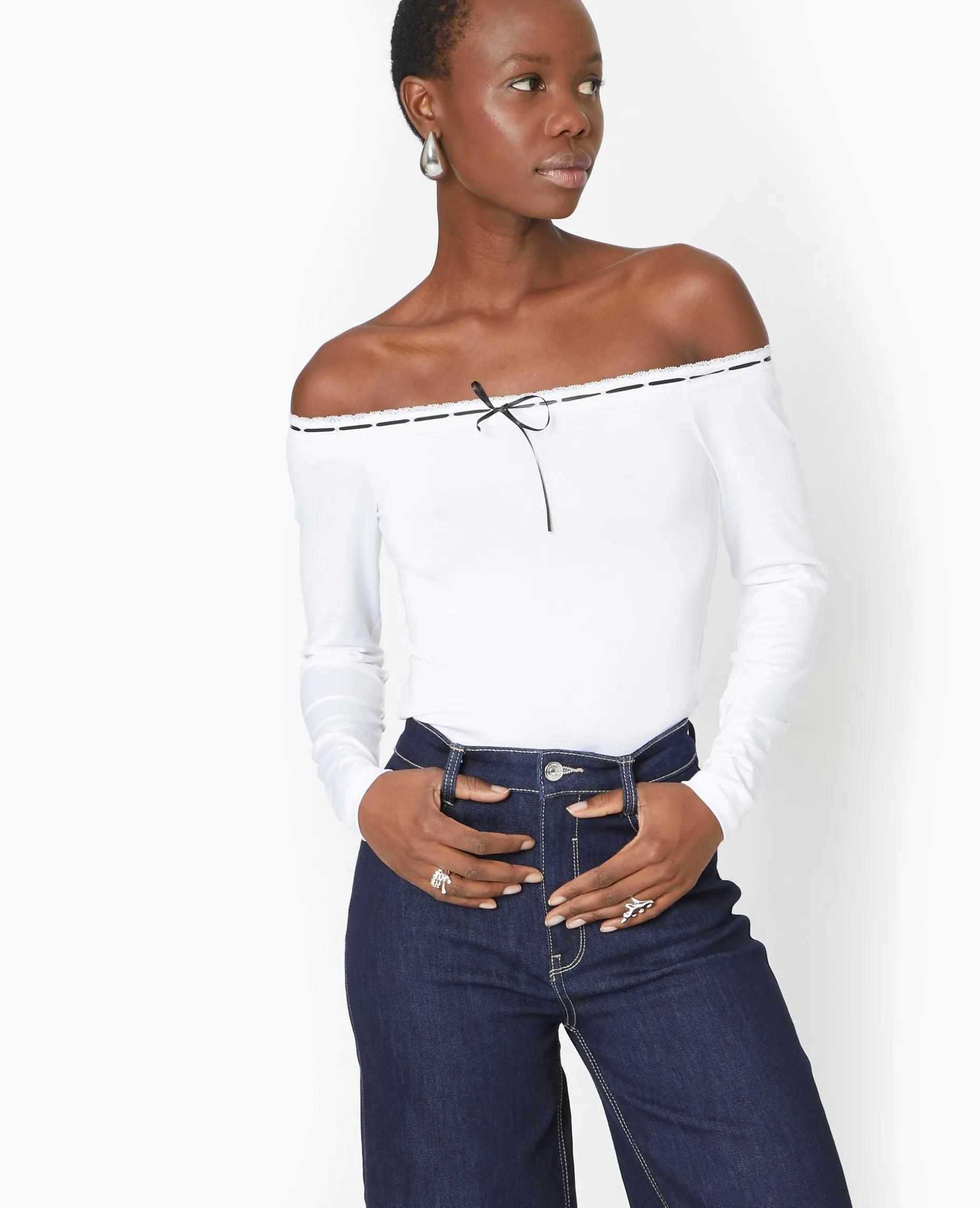 Top Encolure Bardot Avec Noeud Contrasté - Blanc