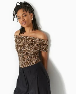 Top Encolure Bardot Motif Léopard - Marron