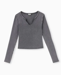 Top Manches Longues En Maille Côtelée - Gris Foncé