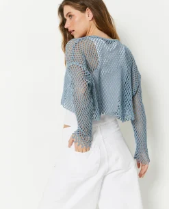 Top Manches Longues En Maille Filet - Bleu