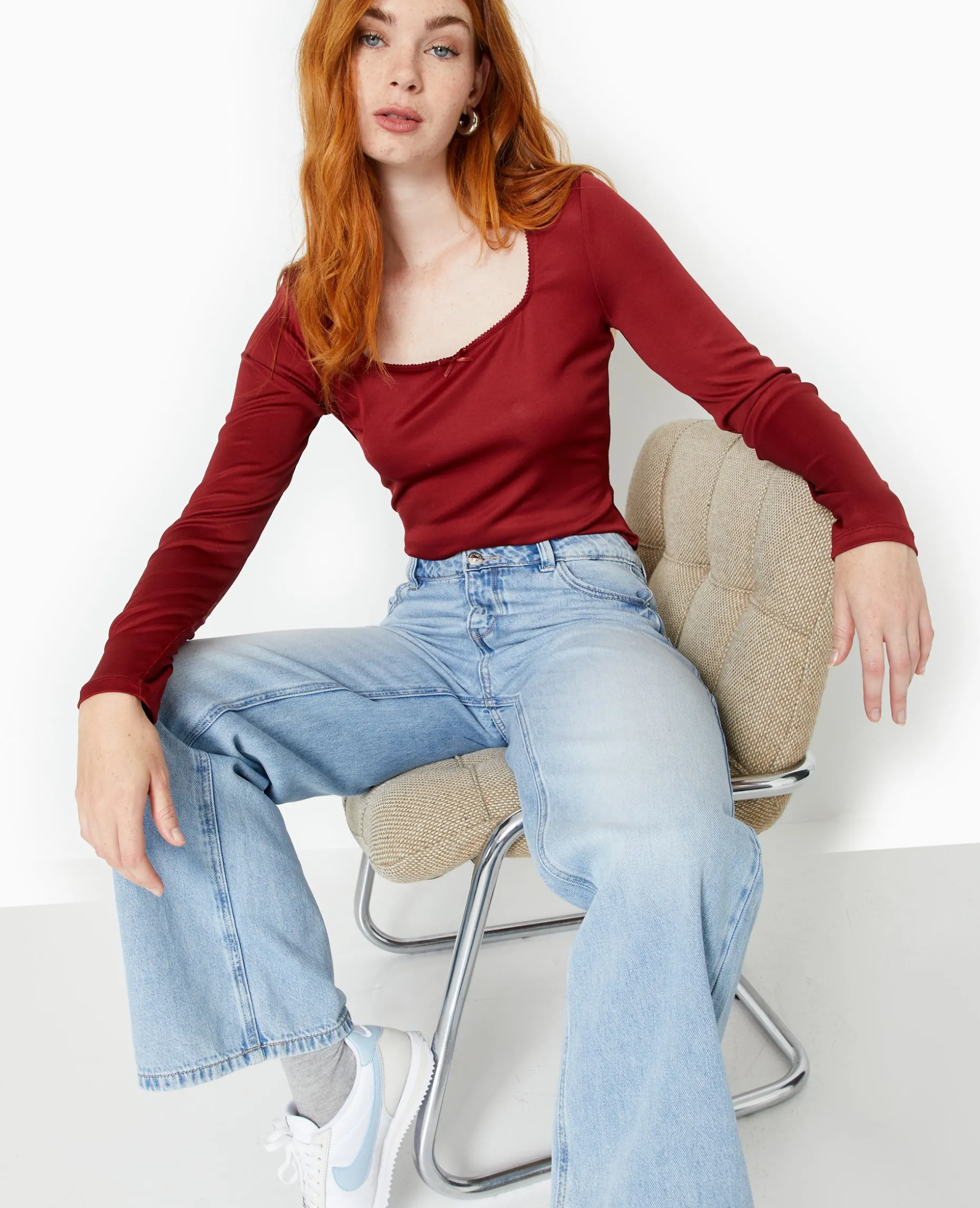 Top Manches Longues En Maille Extensible - Bordeaux