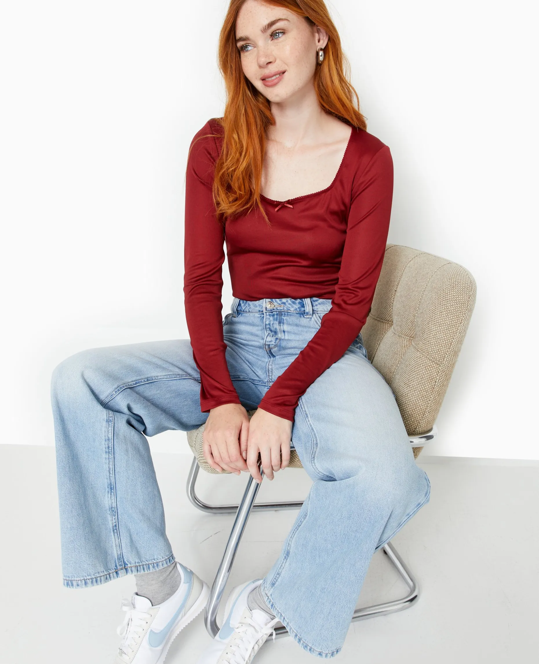 Top Manches Longues En Maille Extensible - Bordeaux
