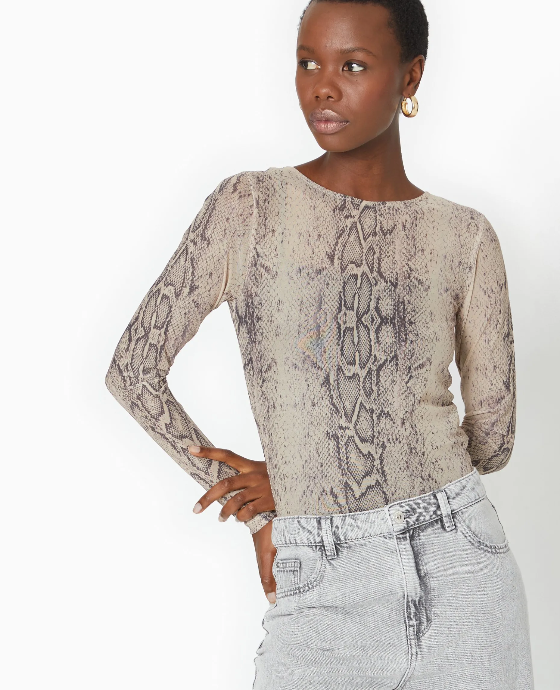 Top Manches Longues En Résille Motif Python - Blanc
