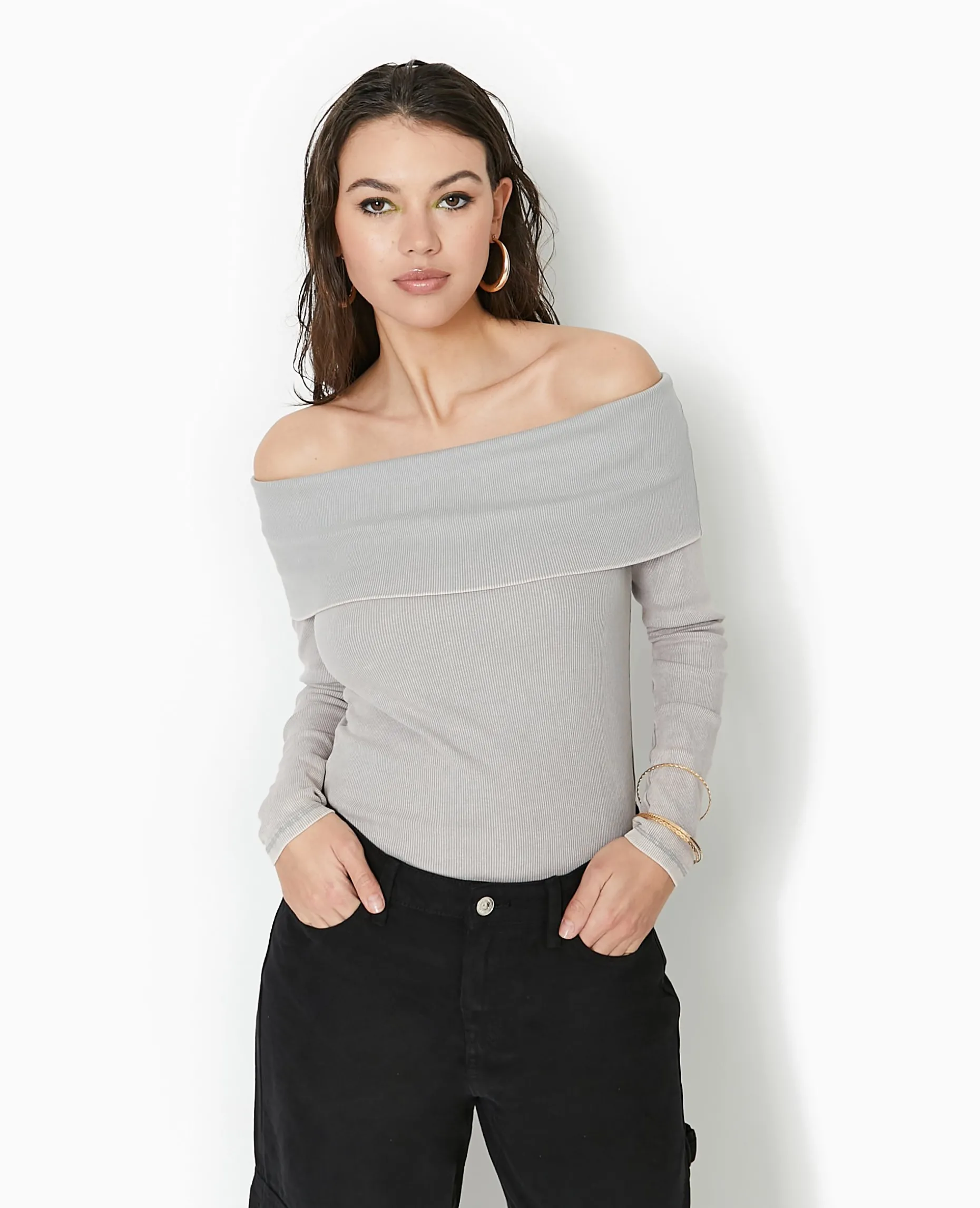 Top Manches Longues Encolure Bardot - Gris Clair