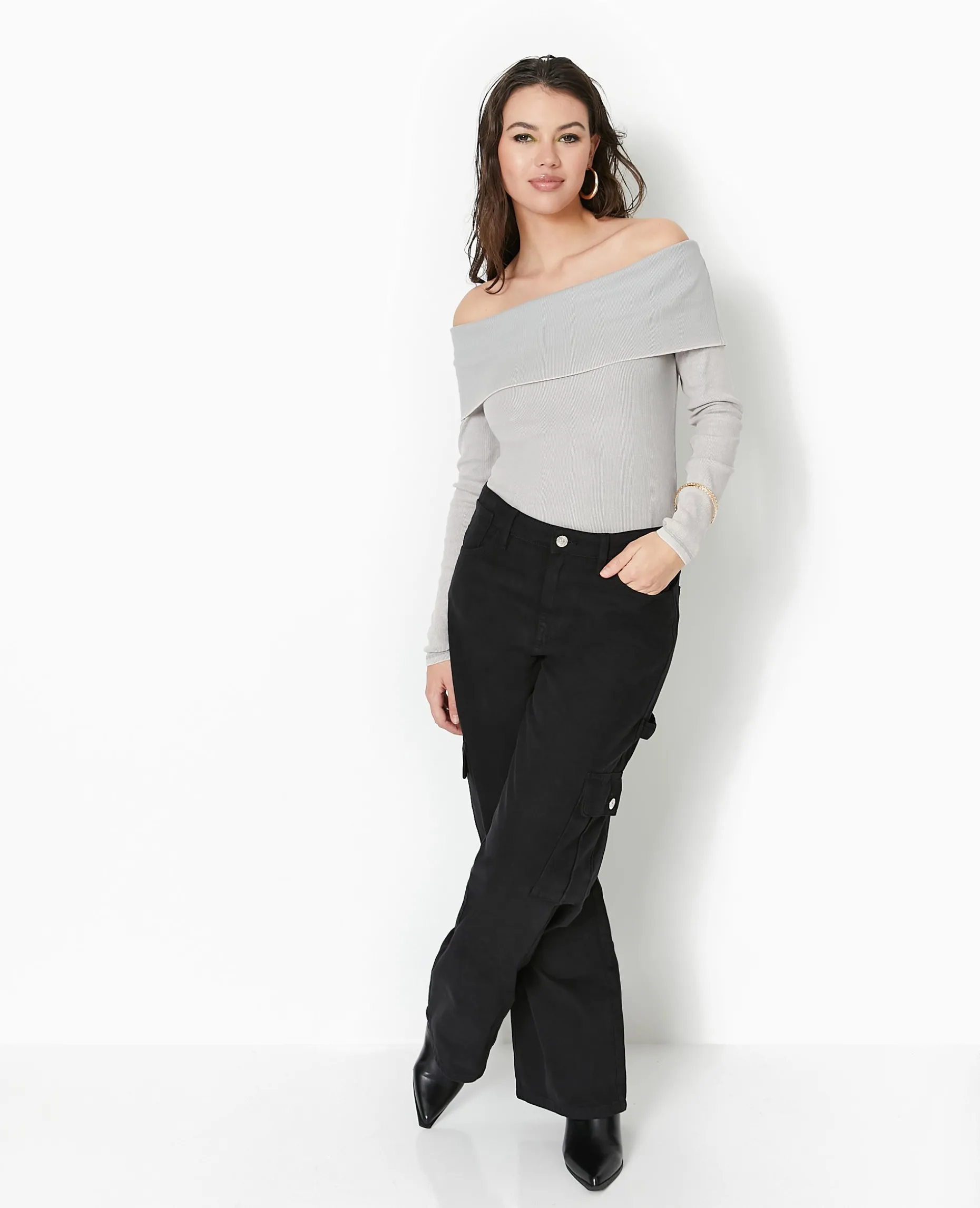 Top Manches Longues Encolure Bardot - Gris Clair