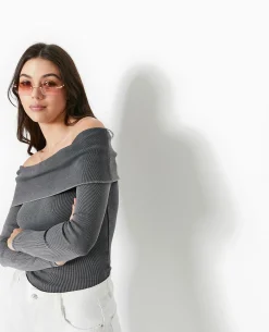Top Manches Longues Encolure Bardot - Gris Foncé
