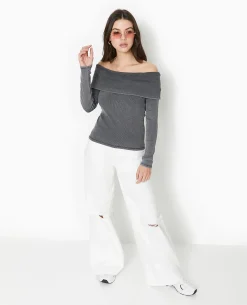Top Manches Longues Encolure Bardot - Gris Foncé